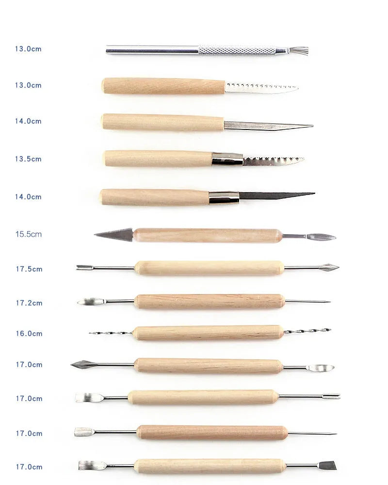 27-piece pottery clay tool set with wooden handles and stainless steel tools for sculpting