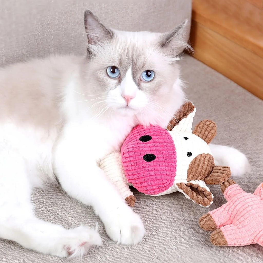 Animal shape plush dog chew toy with squeaker sound in multiple colour options