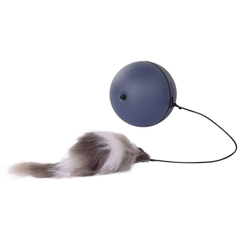 Automatic cat teasing ball with plush mouse in blue orange and dark grey colours