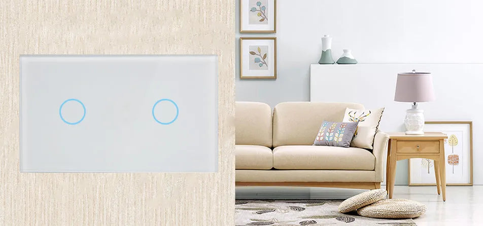 2-gang wireless RF remote touch light switch with tempered glass panel in black, white, or gold