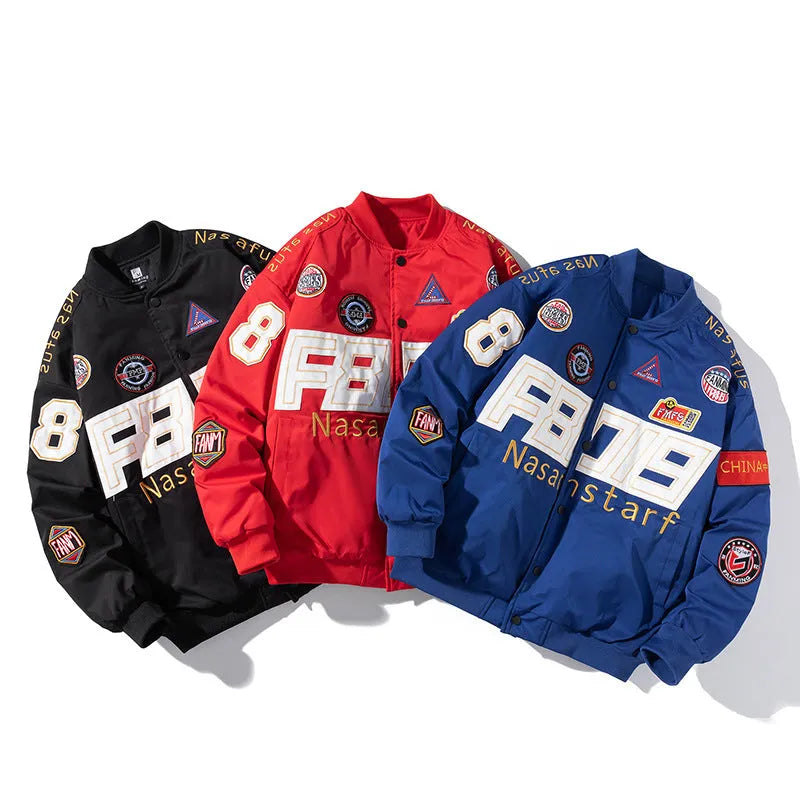 Black red blue motorcycle baseball uniform with hood and cotton padding for autumn winter riding