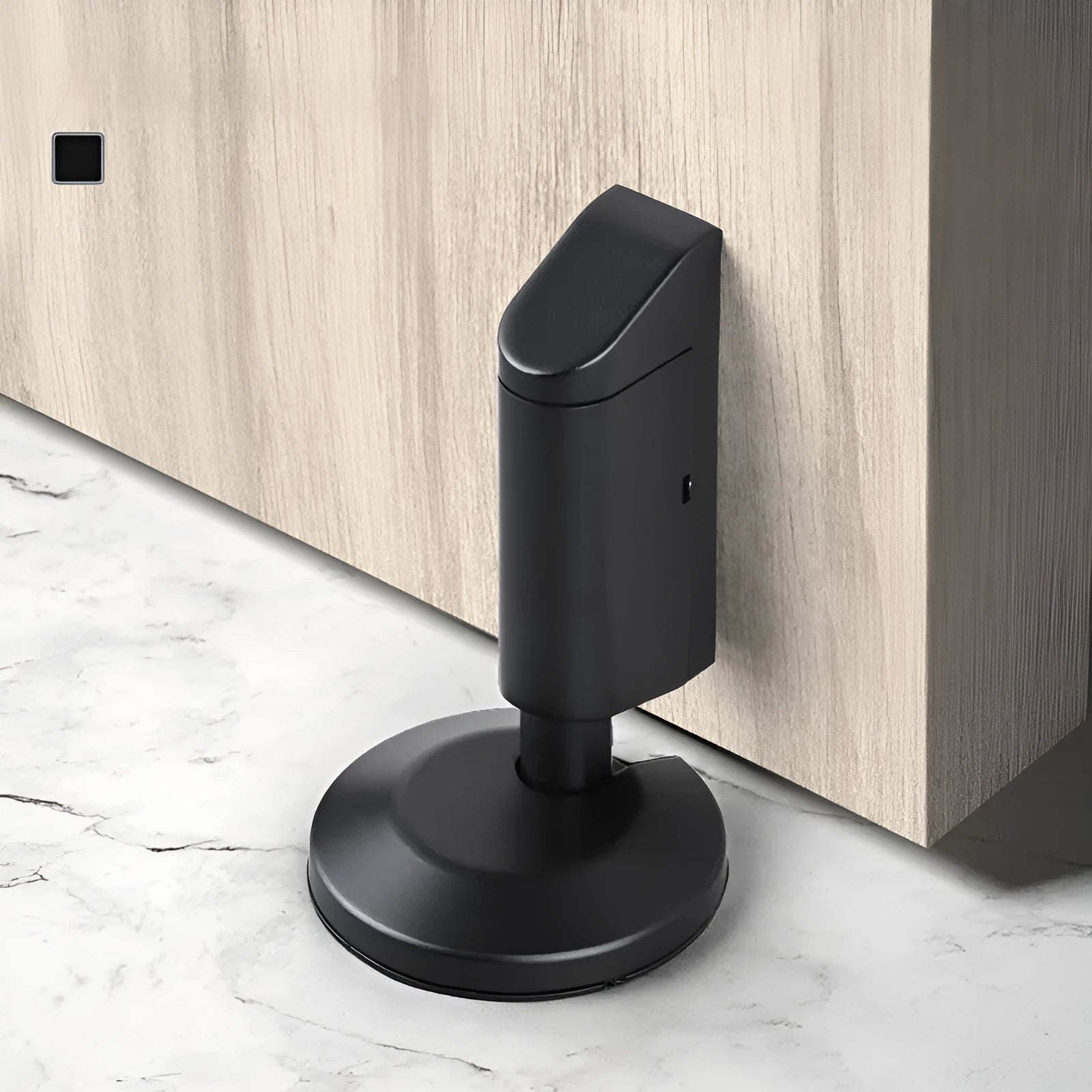 Zinc alloy invisible door stopper in brushed nickel finish on wooden floor.