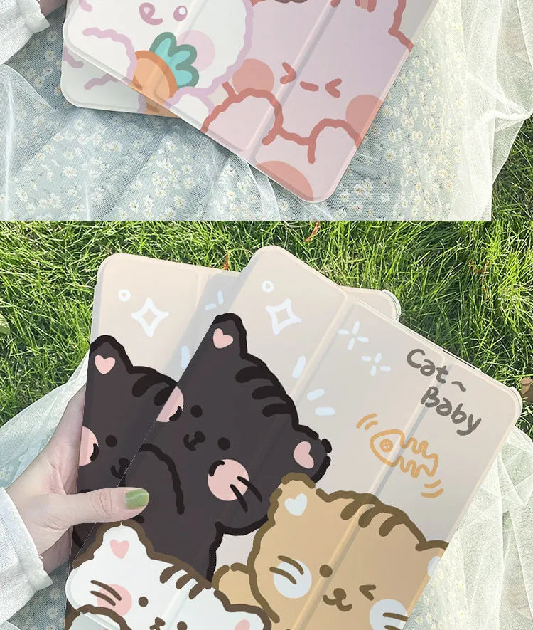 A flat, tri-fold silicone iPad protective case featuring a cartoon rabbit design.