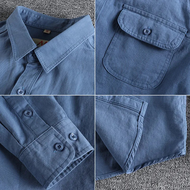Men's cotton long sleeve shirt in cardigan style, solid colour white or light blue option