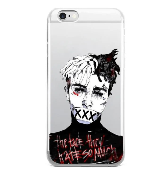 Transparent matte iPhone case with XXXTentacion artwork, shown on an iPhone model