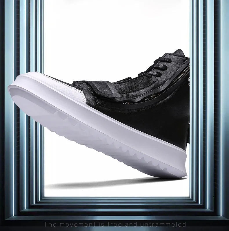 Black and white PU leather men's ankle boots with microfiber upper and high-top sneaker design for winter wear