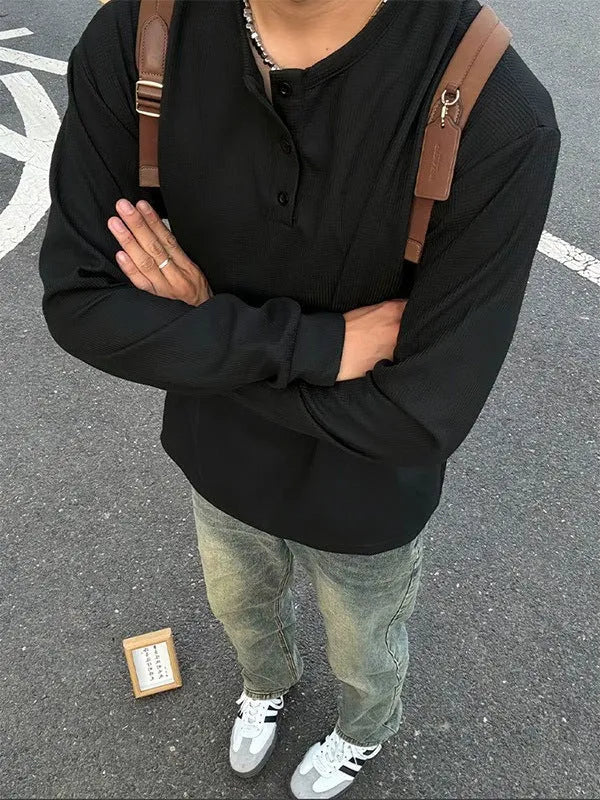 Tide Brand loose bottoming shirt jacket for men, black colour, pullover with round neck and long sleeves