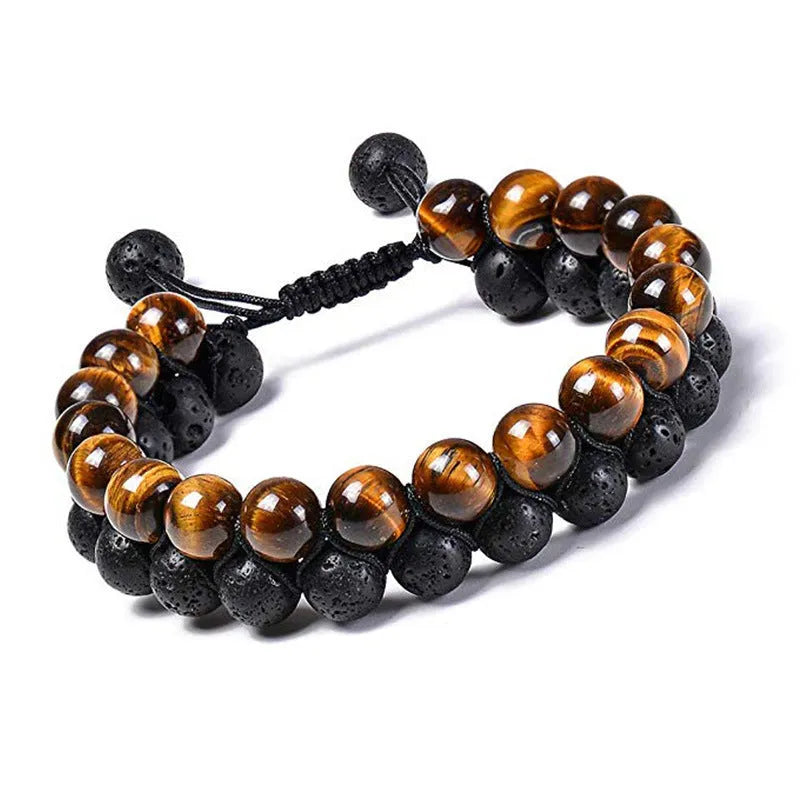 Tiger Eye agate couple bracelets with geometric beads in matte black finish