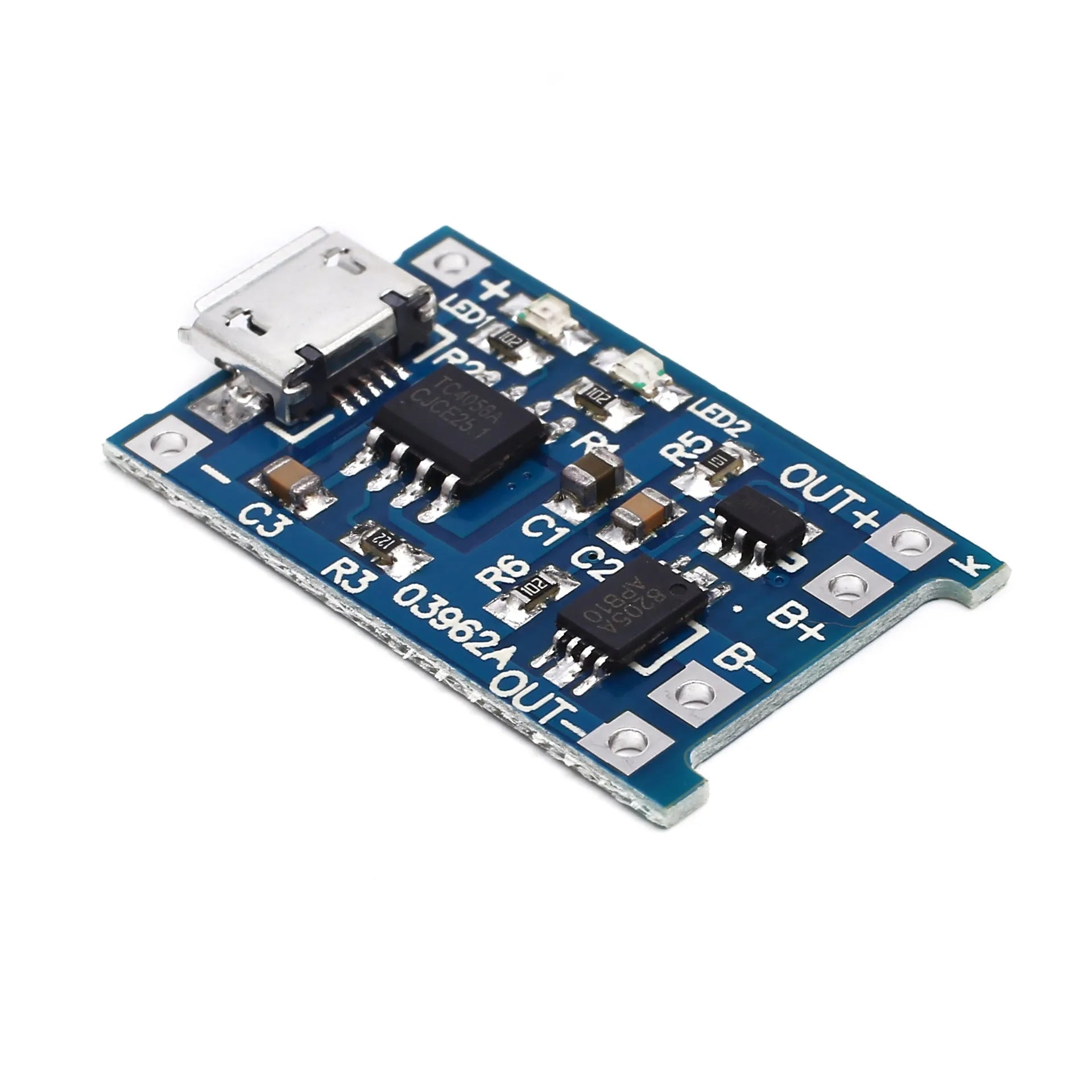 Blue TP4056 lithium battery charging and protection board with DW01 circuit
