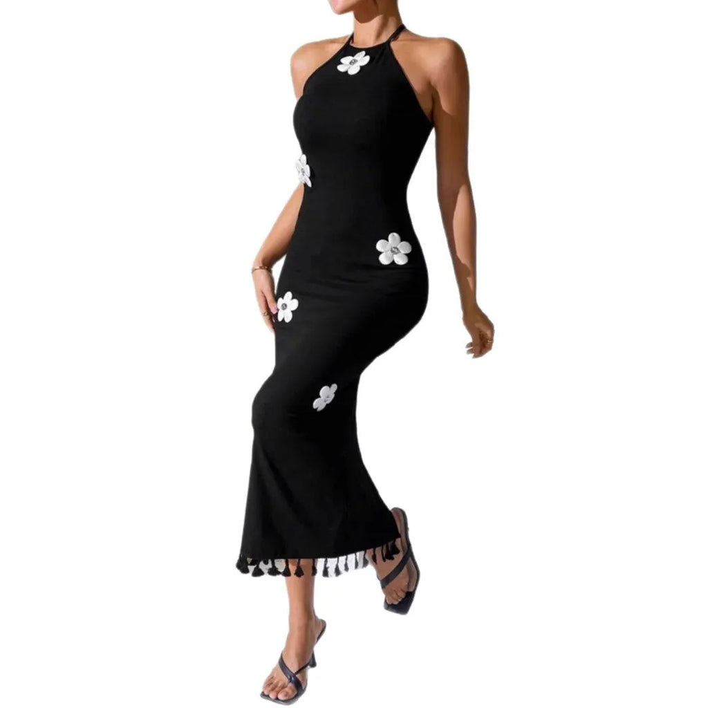 Slim fit long flower small turtleneck dress in black with high-waist hip skirt