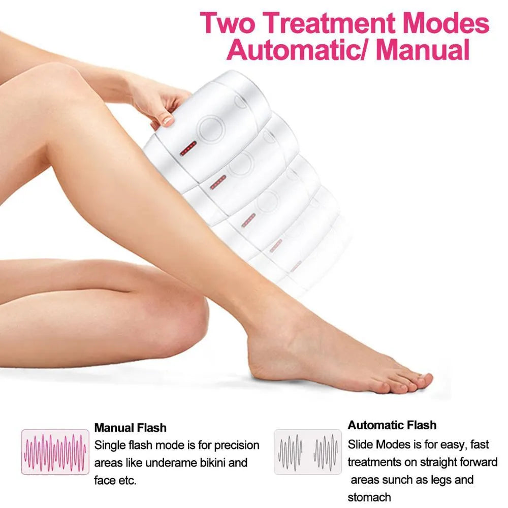 White home IPL laser hair removal device on a table showing its compact size and control buttons.