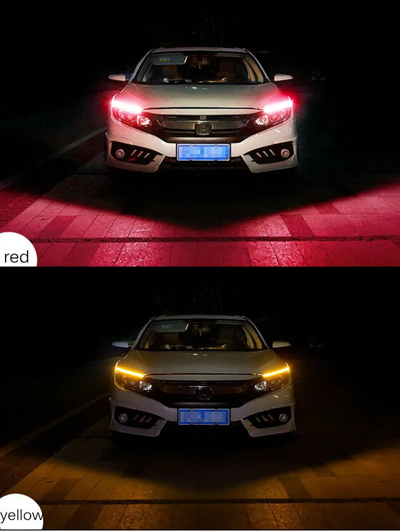 Flexible silicone car LED daytime running light strip with flowing turn signal functionality mounted on vehicle headlight