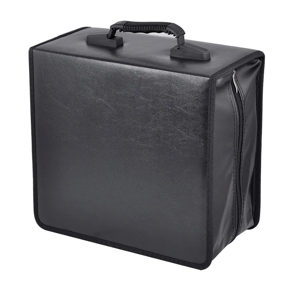 Black Oxford fabric CD storage organiser bag with zipper closure and top hand strap.