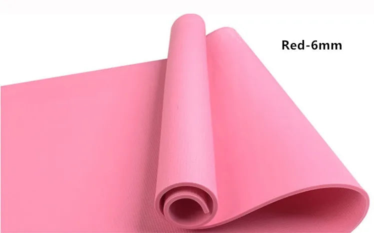 EVA yoga mat in blue showing thickness options of 4mm and 6mm with non-slip texture