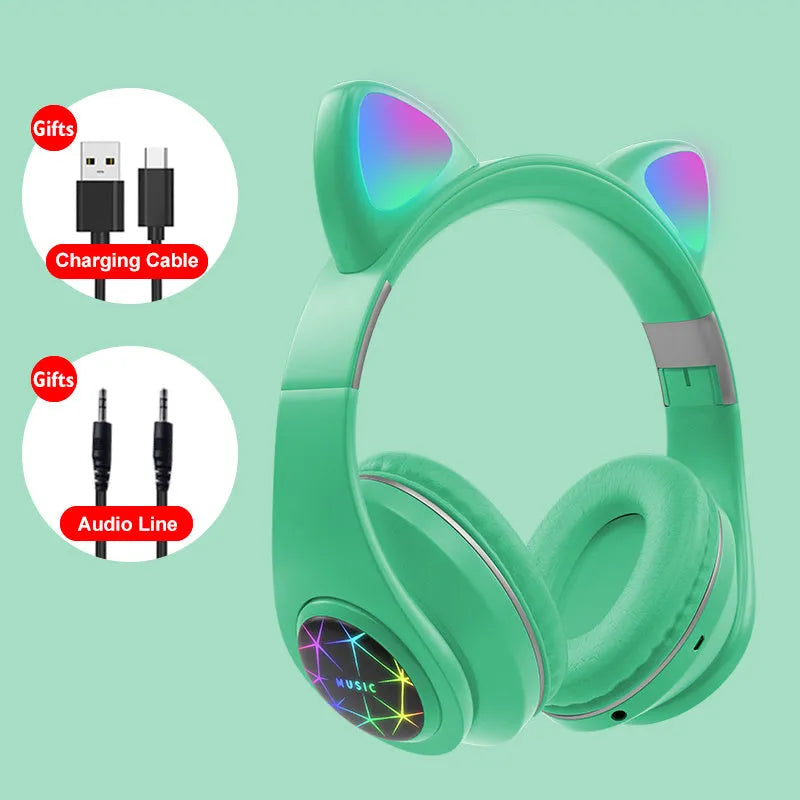 Cat ear style wireless Bluetooth sports headset shown in multiple colours on a person's head
