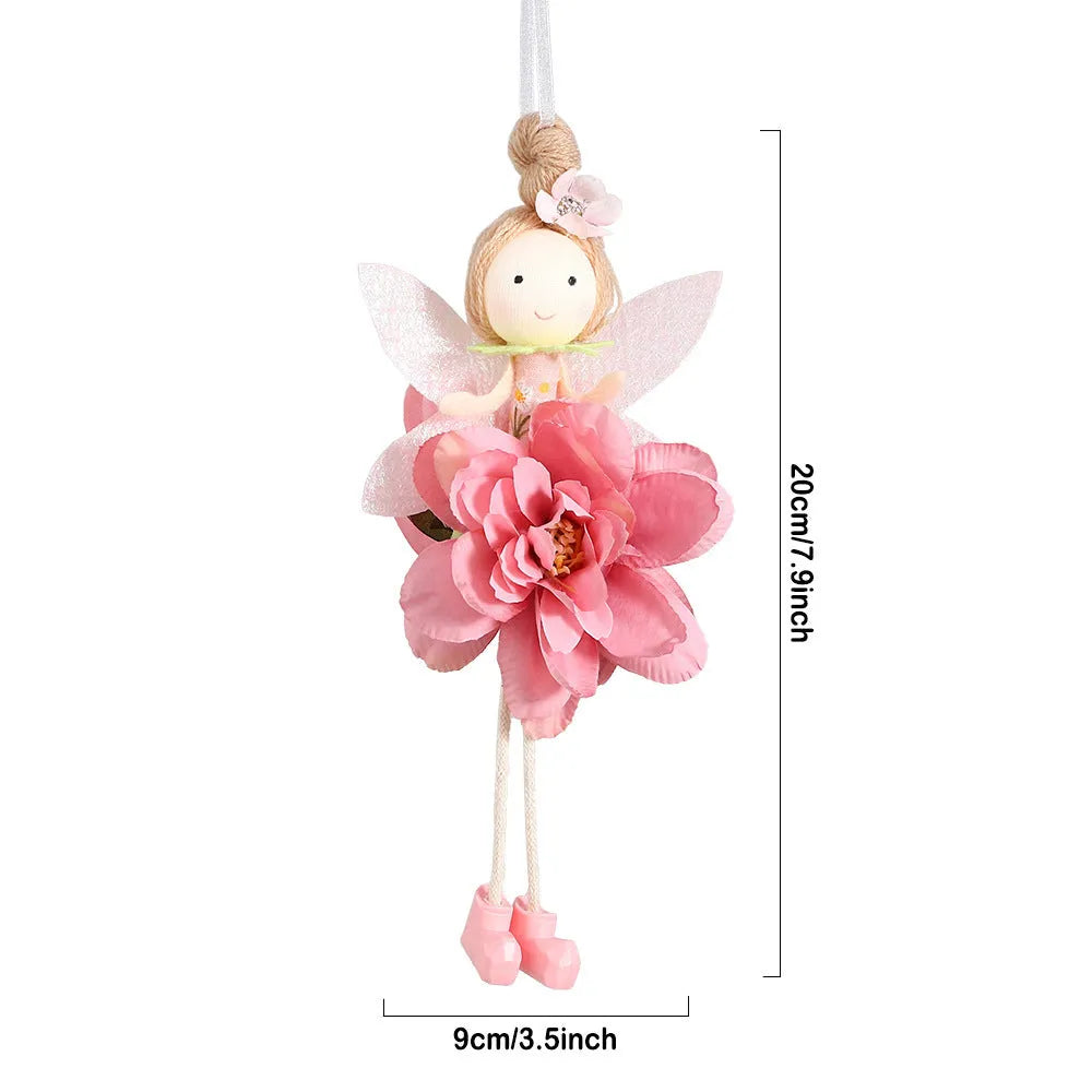 Cloth pendant ornament featuring a floral angel girl design in dark pink, pink, green, or yellow.