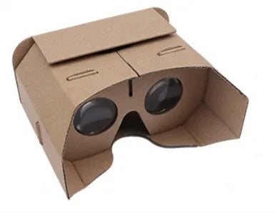 Corrugated cardboard virtual reality glasses for smartphones showing 3D content.