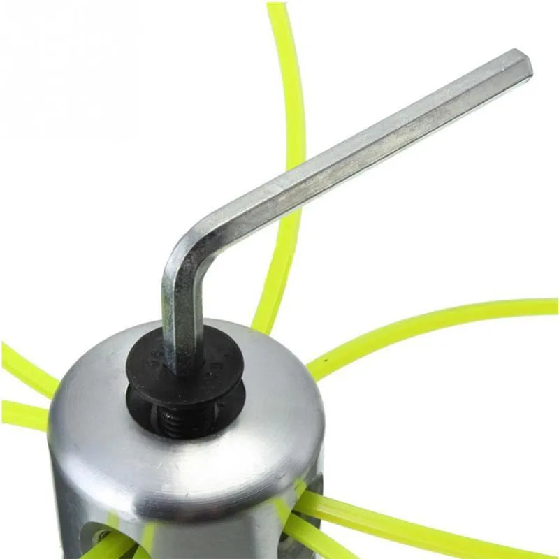 Silver aluminium Luzhu grass trimmer replacement head with four light yellow nylon ropes and a wrench.