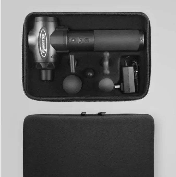 Black and white deep tissue massage gun with adjustable speed settings on display.