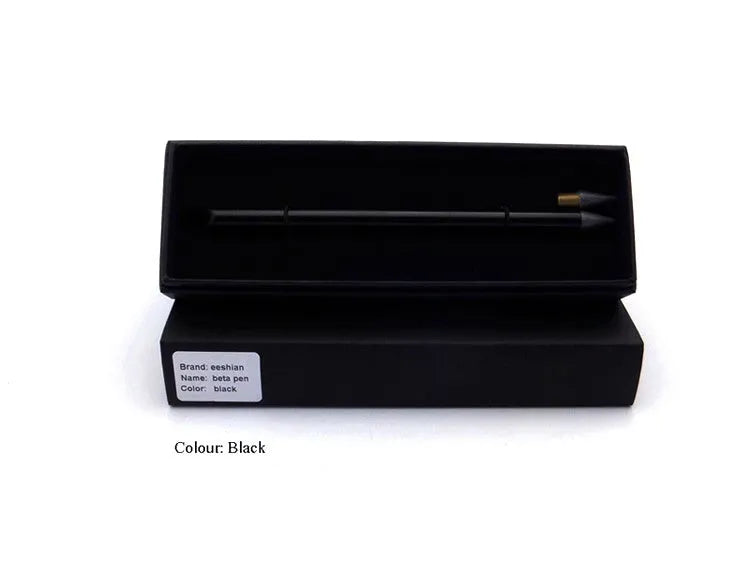 Silver inkless metal pen with alloy steel nib next to its presentation box and pen bag.