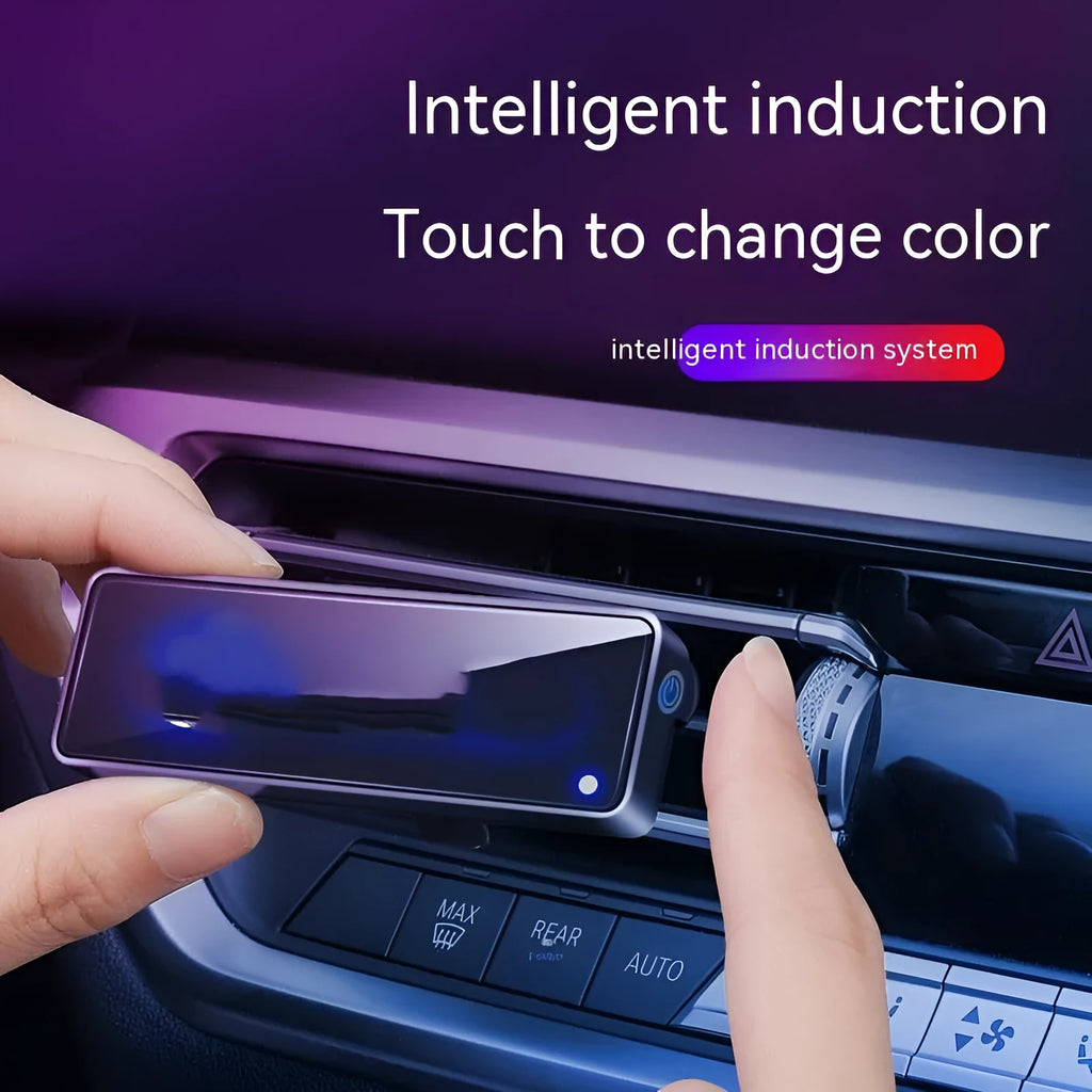 Black automobile aromatherapy air outlet ambience light with LED display and fragrance stick