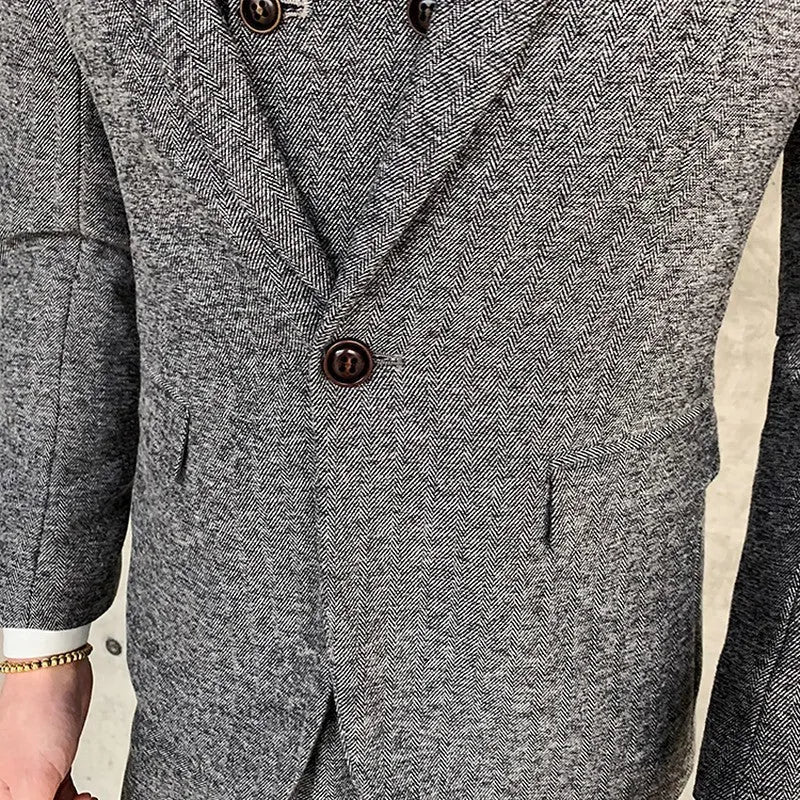 Men's three-piece slim fit suit set in khaki, flat collar, single-breasted, cotton blend fabric