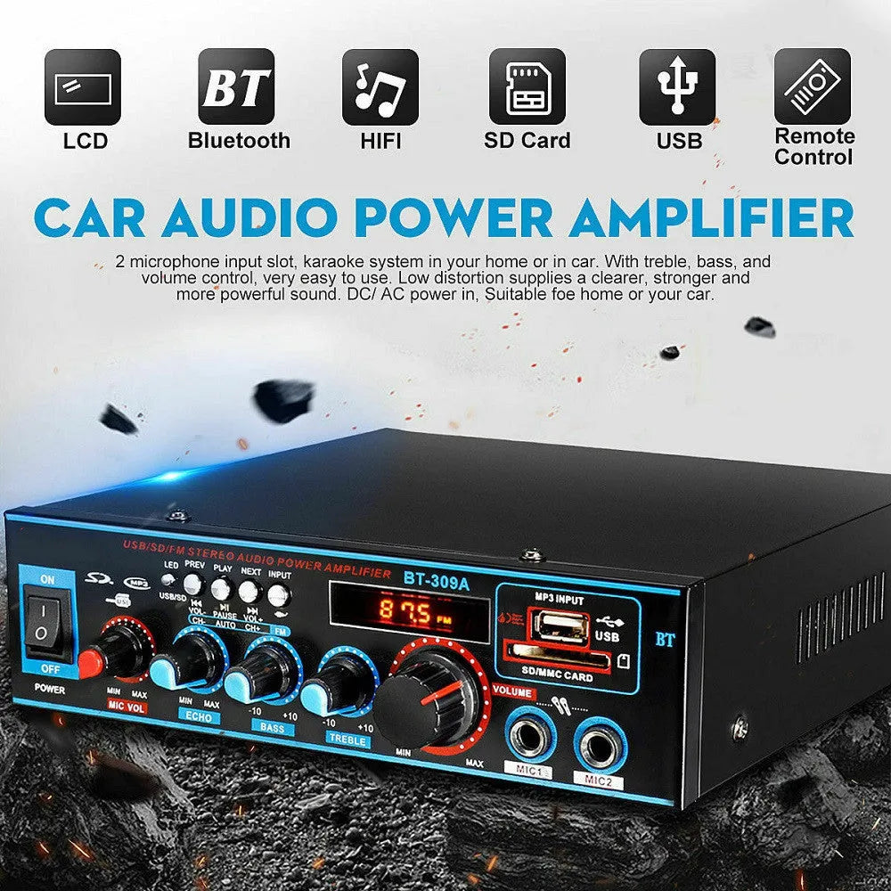 Black BT-309A-A Bluetooth power amplifier with recording function and dual voltage operation