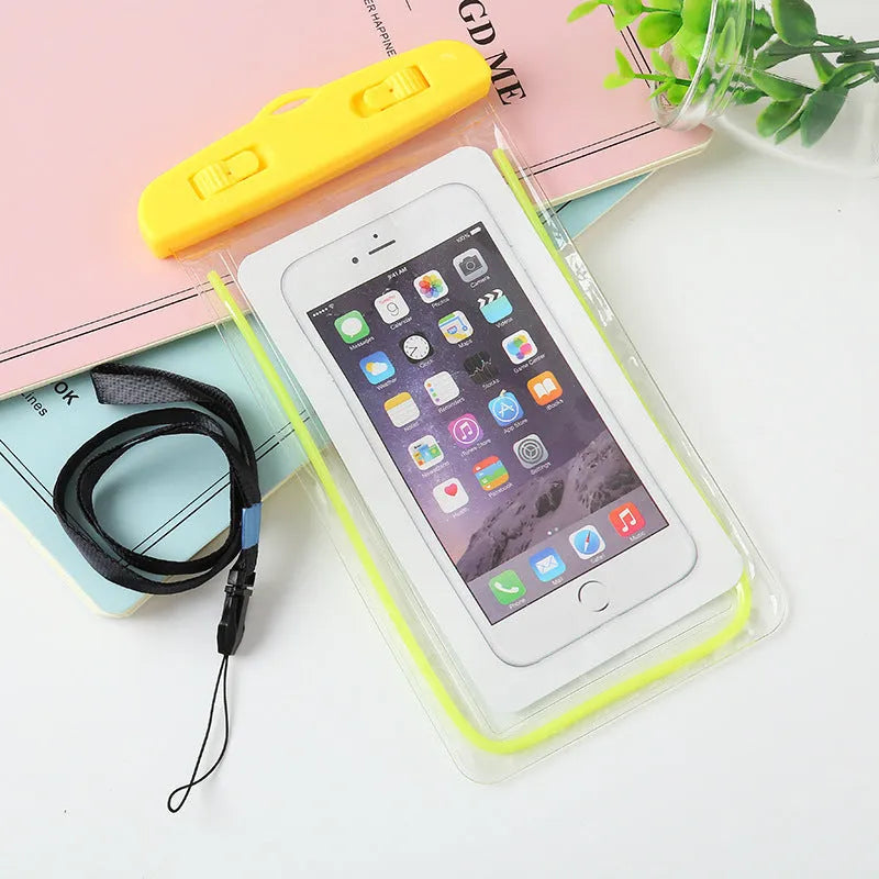 Luminous mobile phone waterproof bag in PVC and ABS with dimensions 19x10.5cm showing front view
