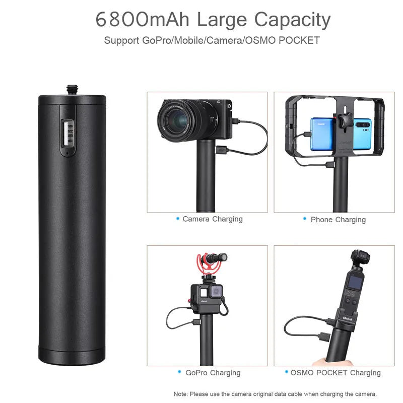Black aluminium alloy portable power bank with a 6800mAh battery capacity, shown with dimensions.