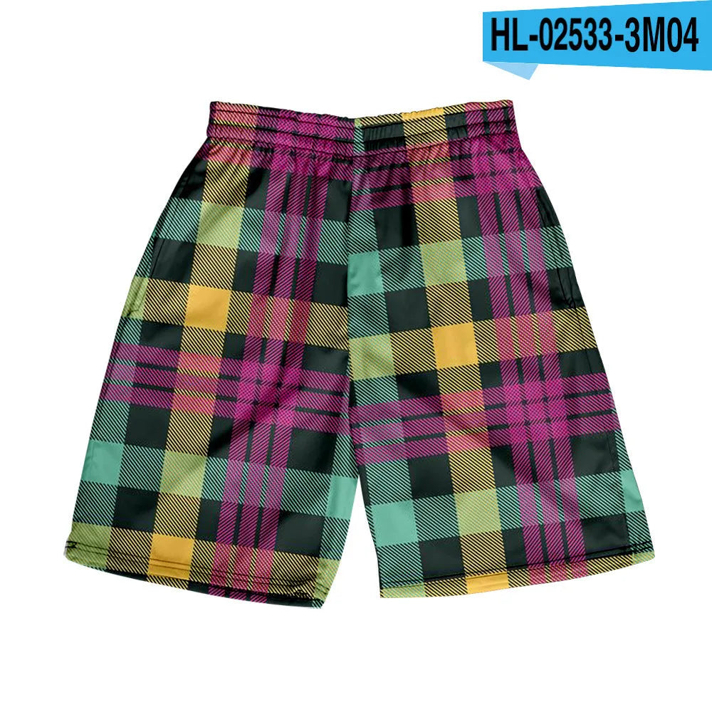 Men's blue and white plaid casual polyester shorts with an elastic waistband.