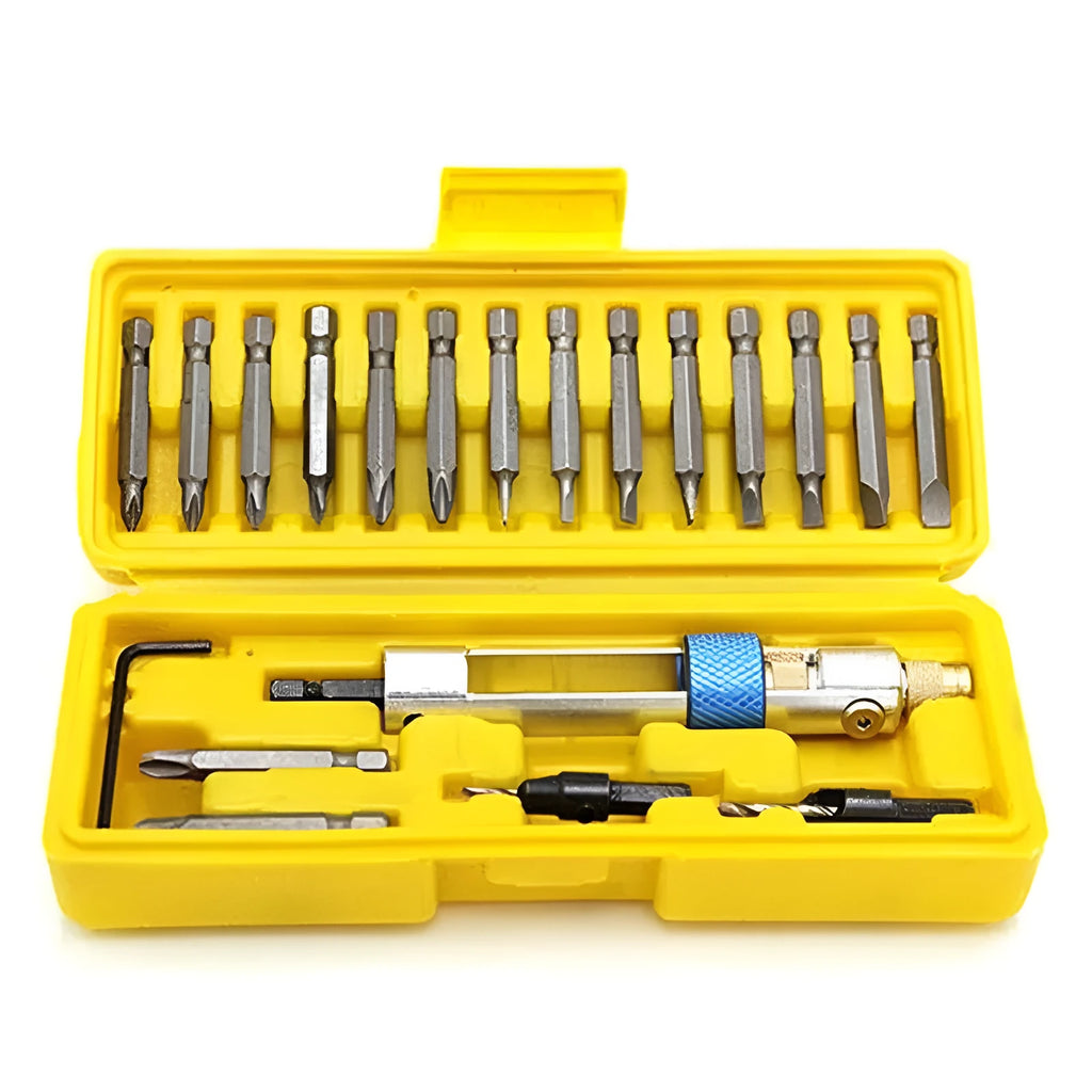 Half Time Drill swivel head attachment with a set of Phillips, flathead, and countersink bits for power drills.