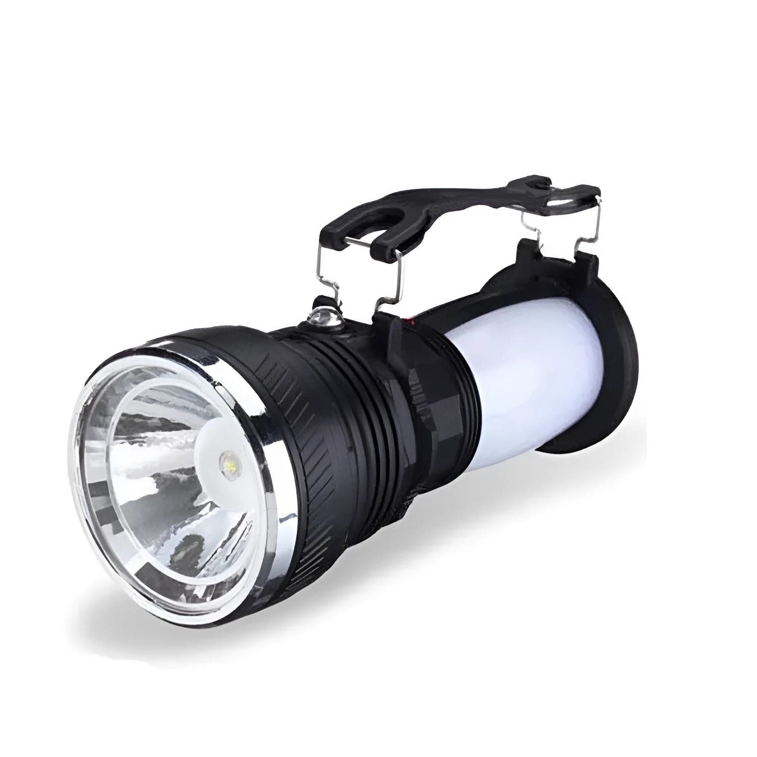 Black solar-powered emergency flashlight with USB charging port