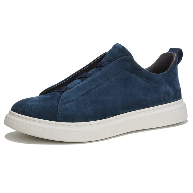 Men's no-tie elastic casual sneakers with top pigskin leather upper in gray, round toe, low-top design