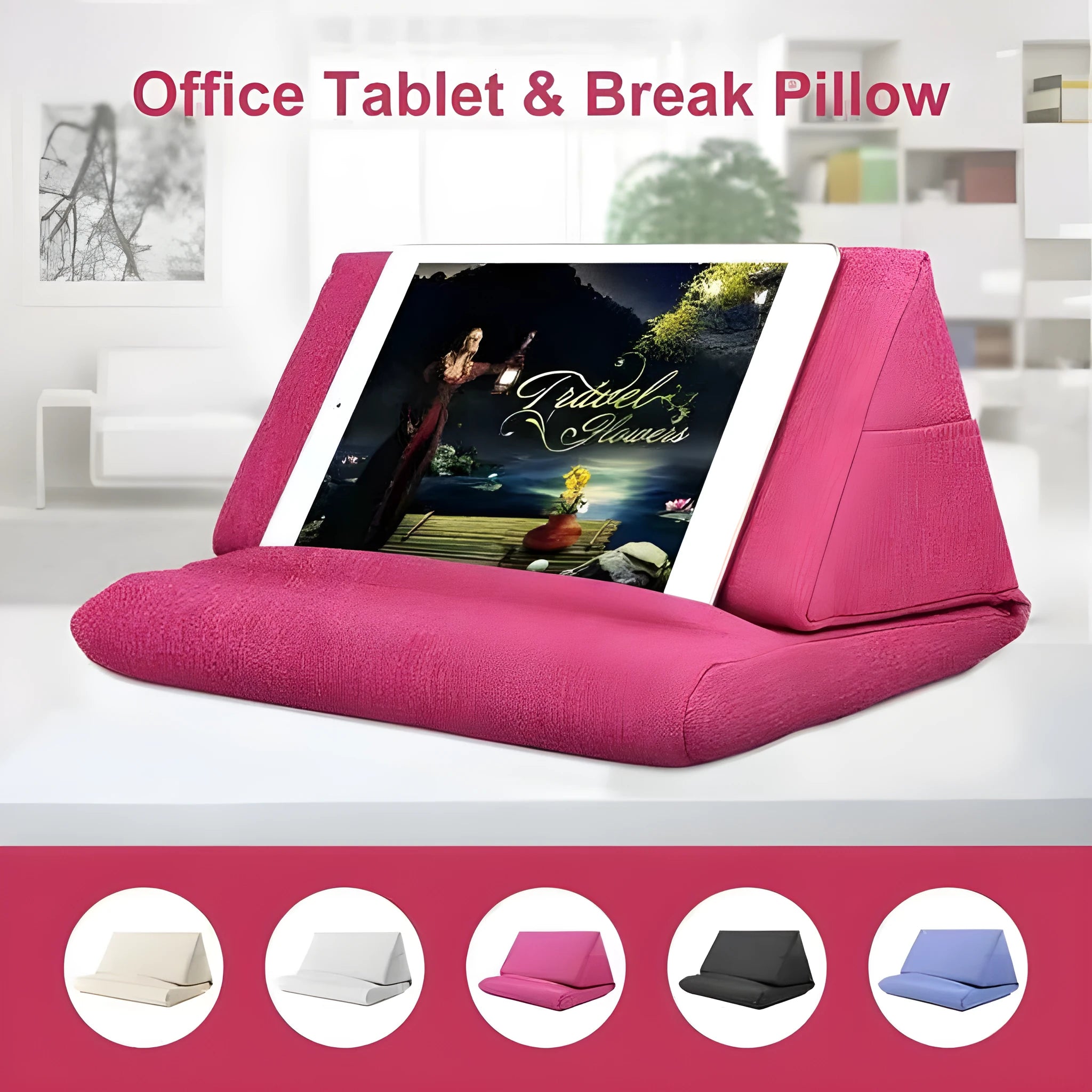 Candy-shaped tablet and phone support pillow with slow rebound fill, beige colour, on a bed
