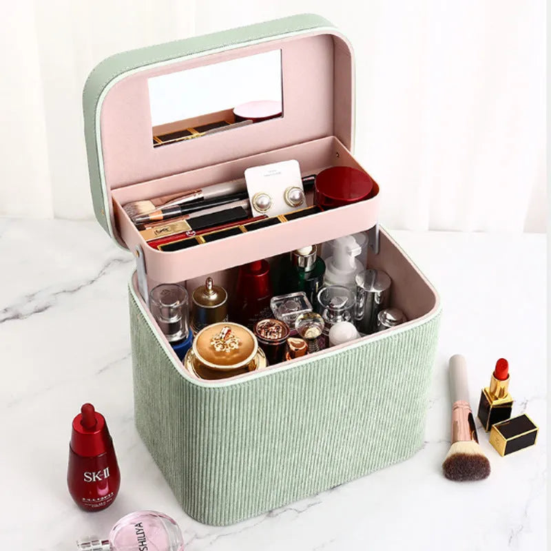 Corduroy cosmetic storage box with large capacity and polyester cotton lining in multiple colour options