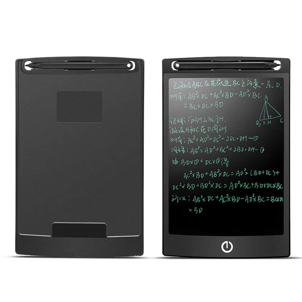 Black LCD writing tablet with ABS frame and blue-green display, 8.5 inch screen, side view showing slim profile