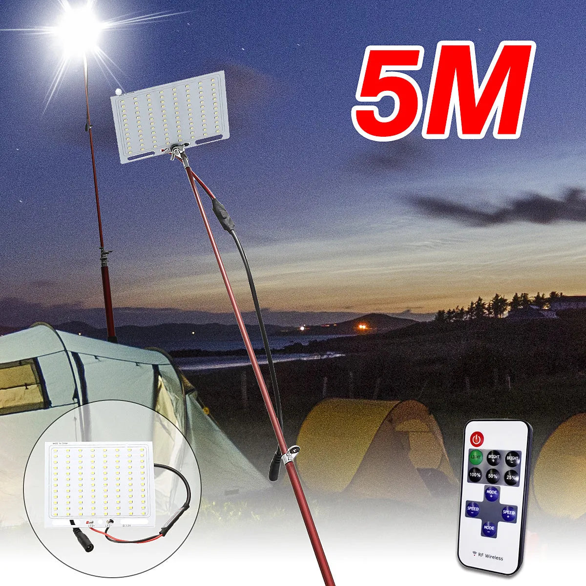 White LED fishing light panel on a tall telescopic pole with a wireless remote control