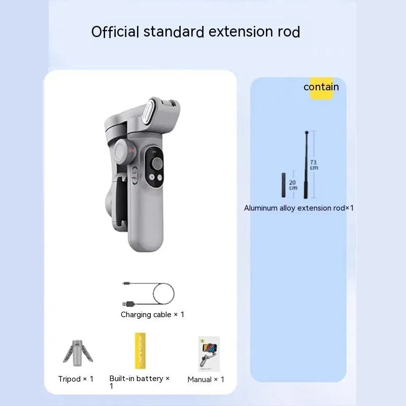 Silver grey smartphone gimbal stabiliser with extended arms and Bluetooth remote control on a table.