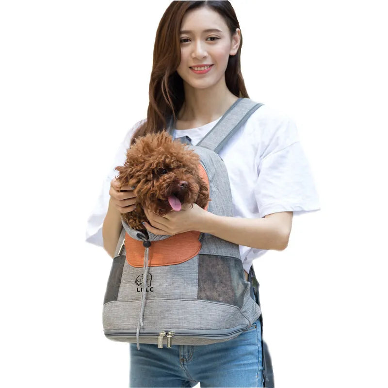 Blue pet backpack carrier with breathable mesh panels, legs out design for small dogs and cats