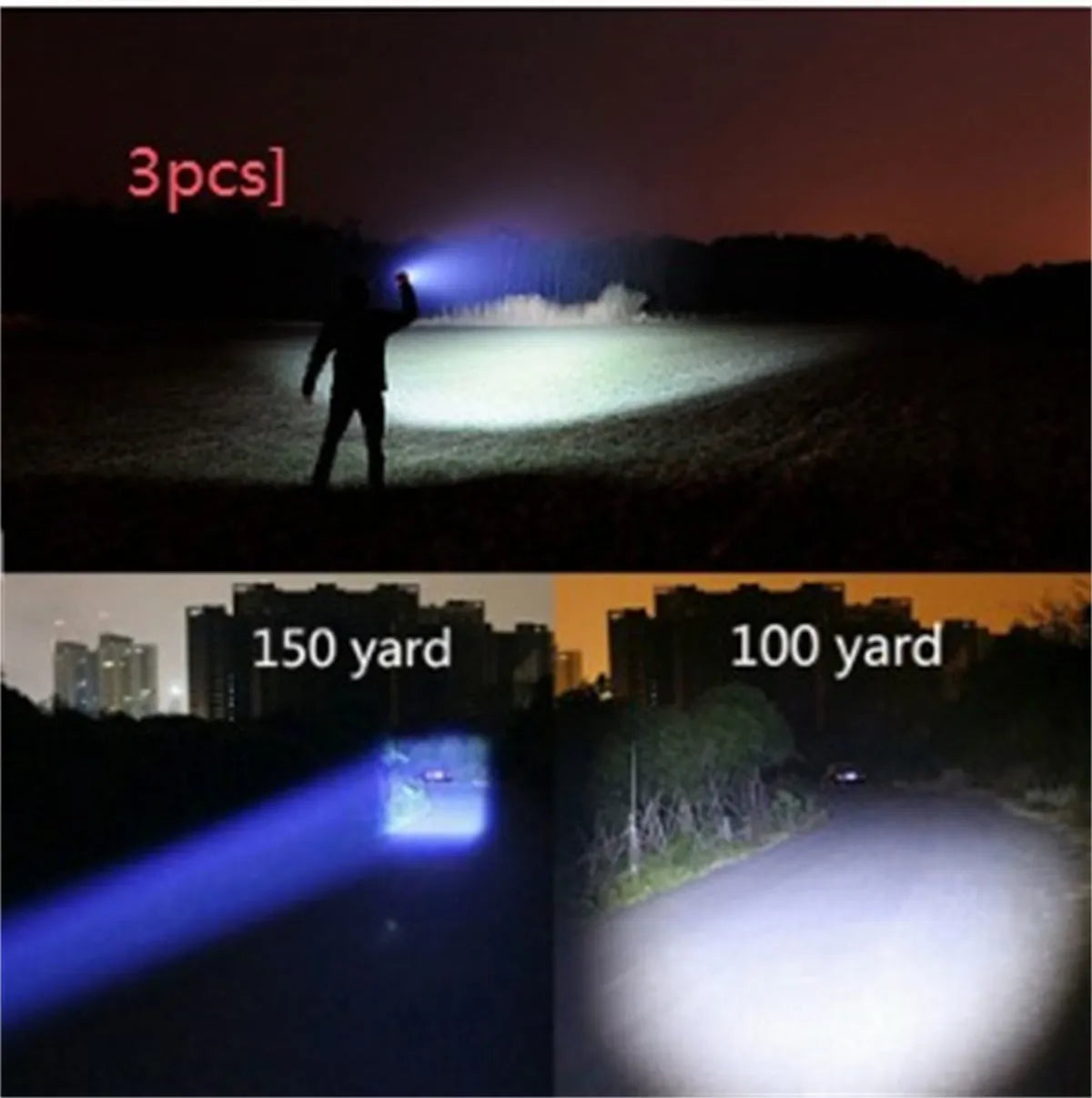 Black aluminum alloy zoom flashlight with adjustable head for focus, shown with beam reaching into distance.