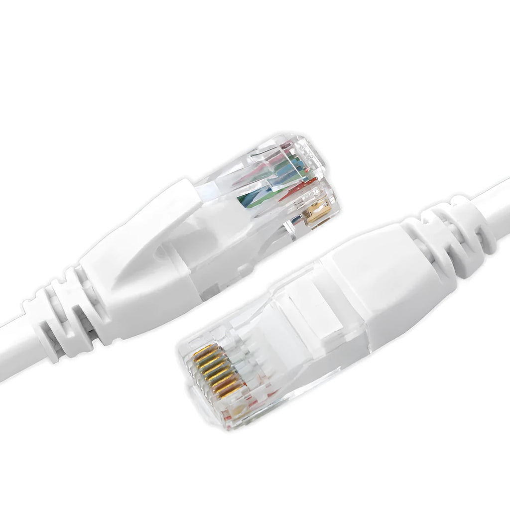 White Cat6 network cable with RJ-45 connectors for Ethernet data transfer