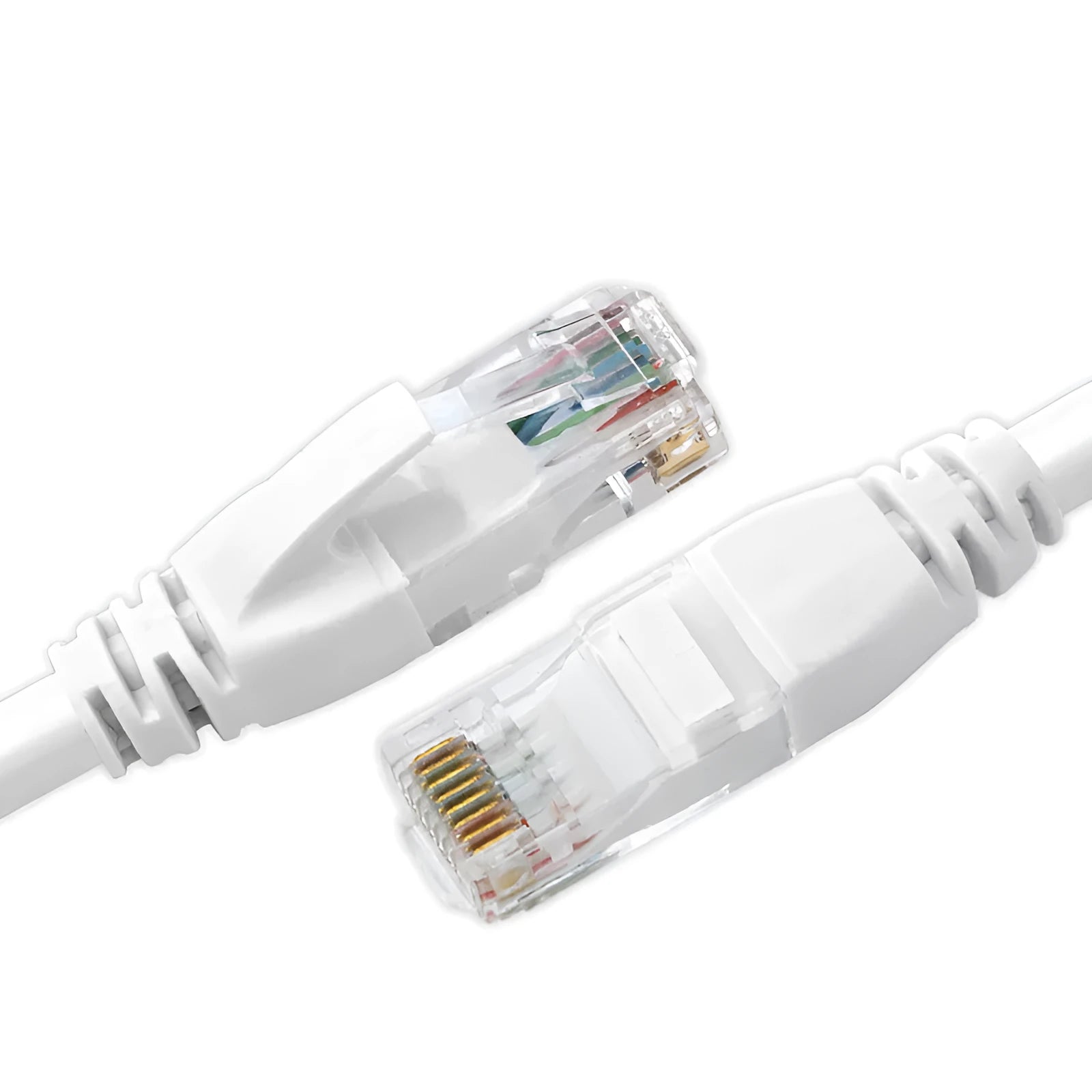 White Cat6 network cable with RJ-45 connectors for Ethernet data transfer