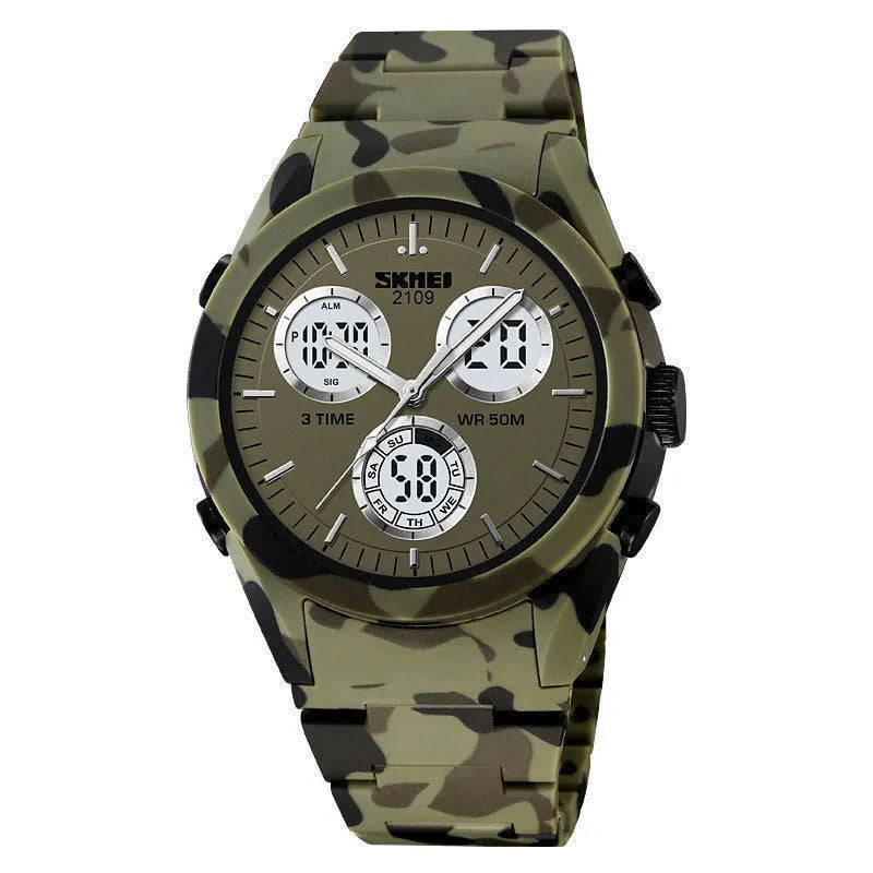 Digital casual watch with a black camouflage TPU strap and resin lens showing time on display.