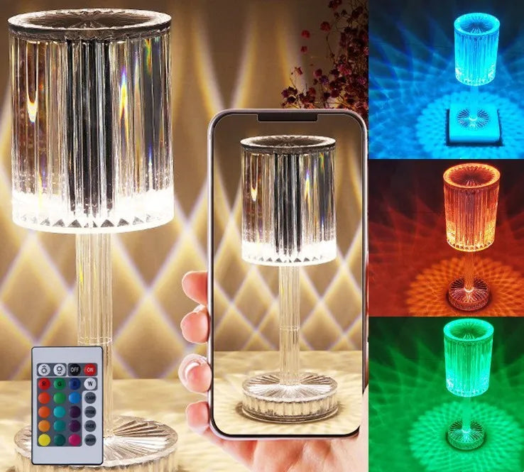 Amber K9 crystal table lamp with double-layered lampshade on a modern bedside table, warm LED light on medium brightness