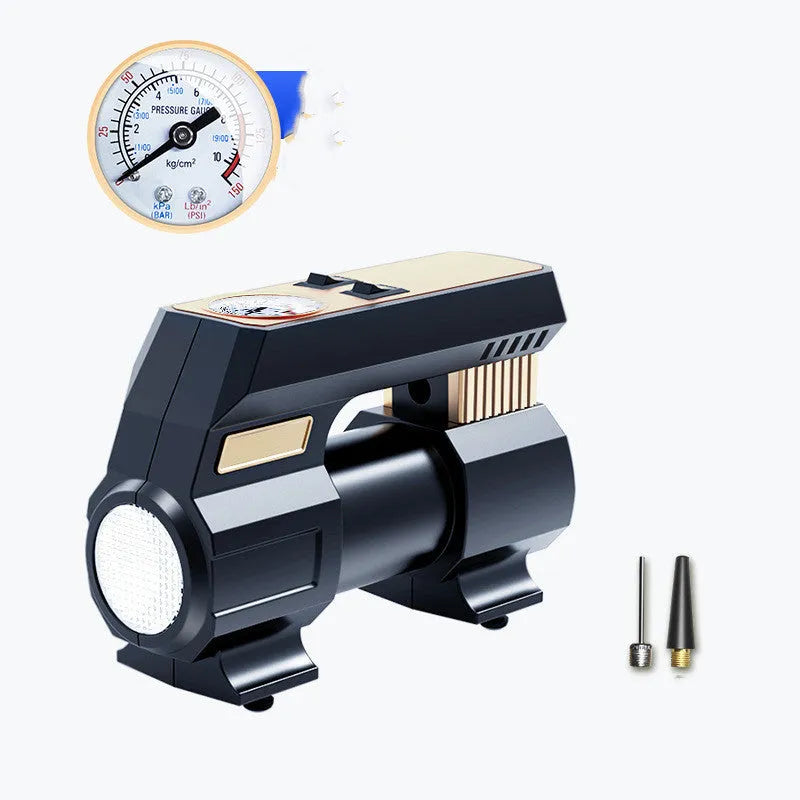 120W 12V car air pump with digital display, 60cm tube, and 300cm power cord on a dark background