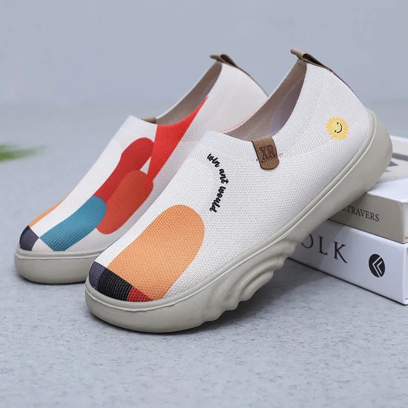 Women's hand-painted casual shoes with soft Flyknit upper, flat heel, round toe, in Milky White colour