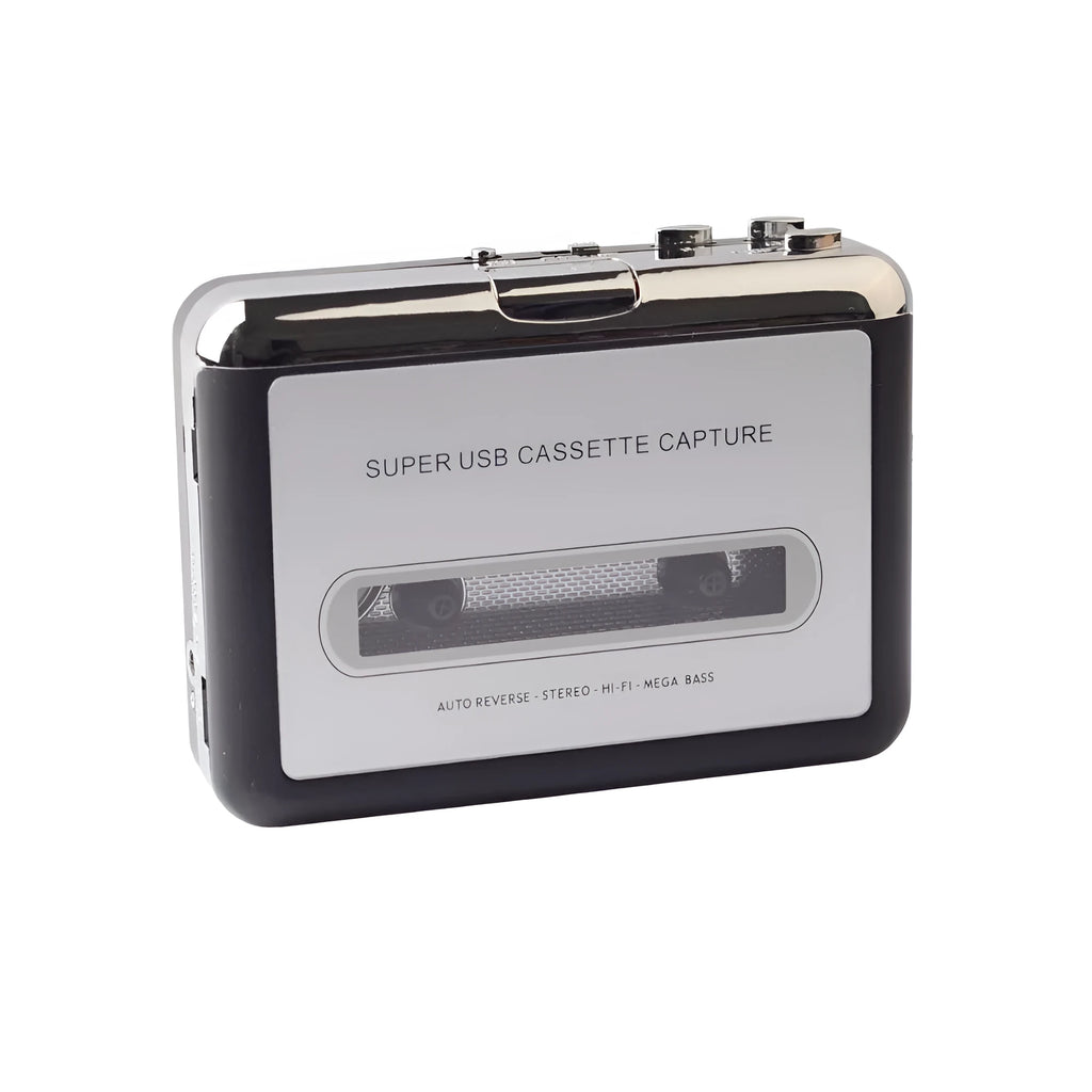 Cassette tape to MP3 converter unit with USB cable on a desk