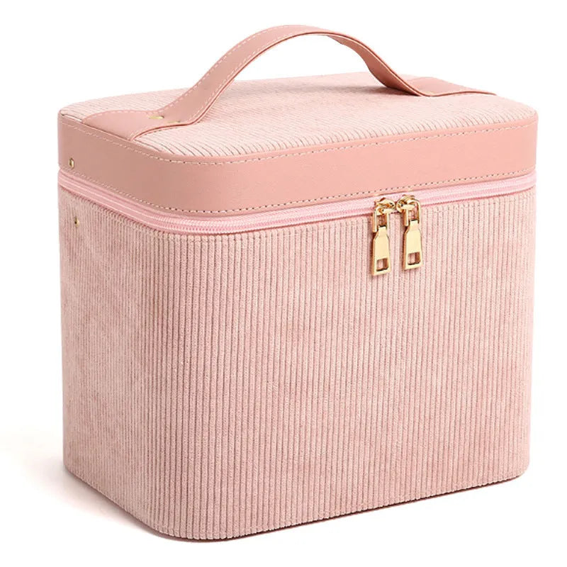 Corduroy cosmetic storage box with large capacity and polyester cotton lining in multiple colour options