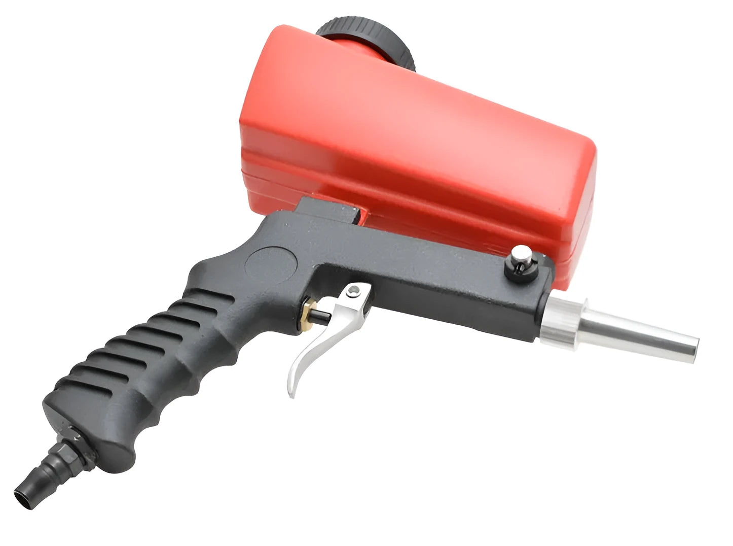 Portable blue pneumatic sandblasting gun with upper tank and nozzle for rust removal and surface cleaning