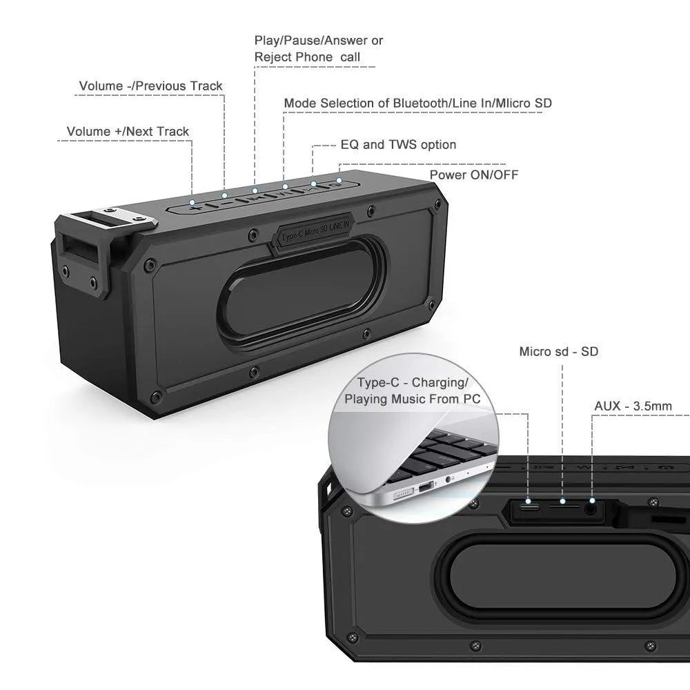 Black X3 PRO waterproof Bluetooth speaker with a climbing rope handle, showing front grill and control buttons.